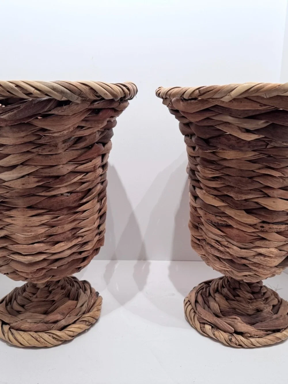 Vintage Pair Woven Wicker Urn Style Pedestal Vases